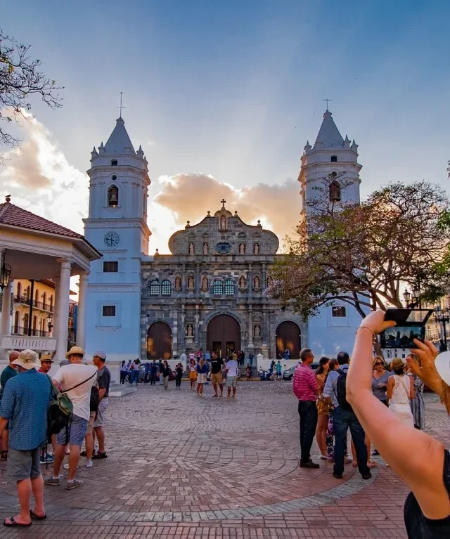 Casco Viejo cathedral plaza with tourists